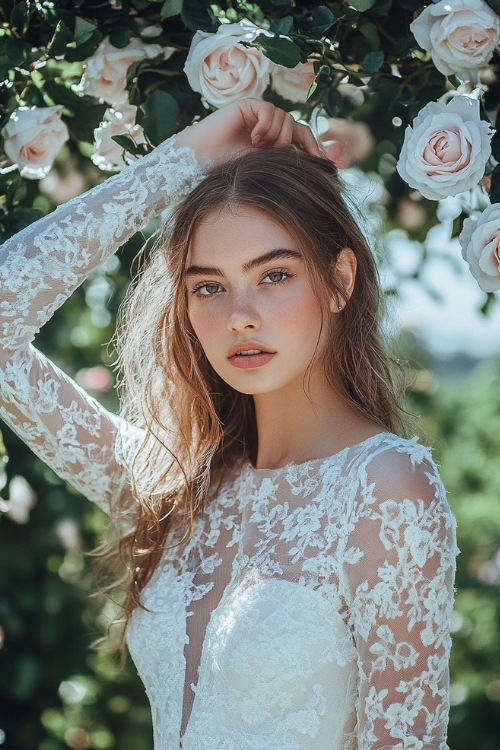 A woman wears a white wedding guest dress with sheer sleeves