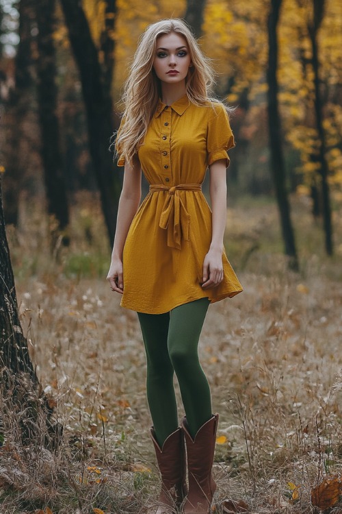 A woman wears a yellow dress, green tights, and brown cowboy boots