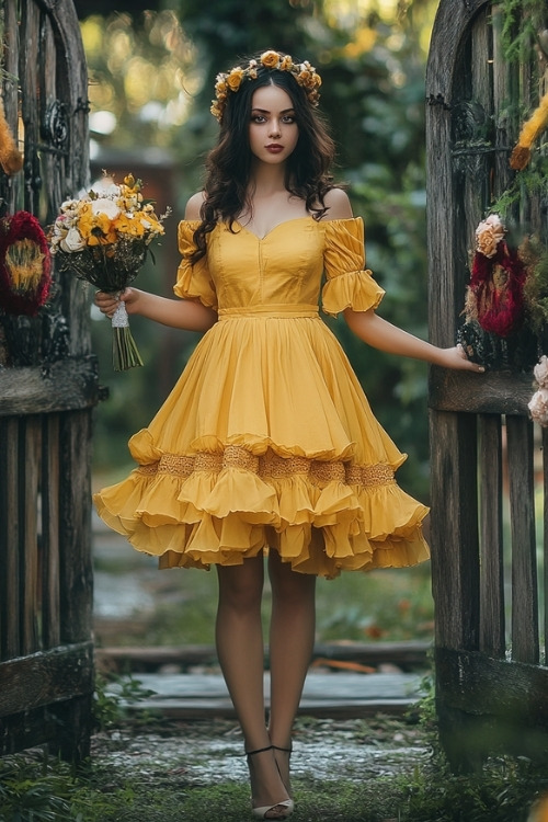 A woman wears a yellow off-shoulder wedding guest dress with layered ruffle details