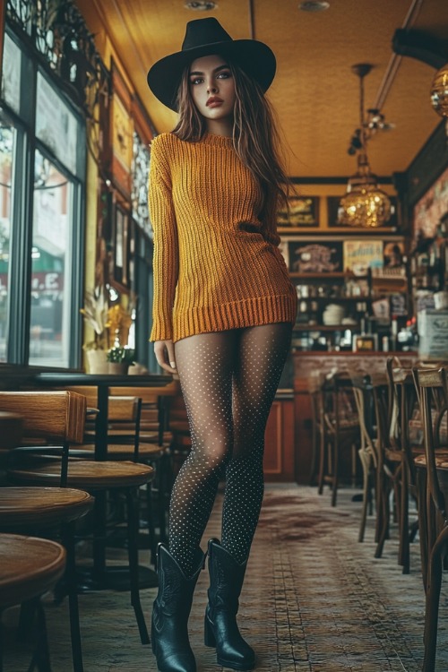 A woman wears a yellow sweater dress, polka dot tights, and black cowboy boots (2)