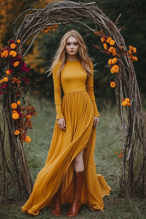 A woman wears a yellow wedding guest dress with long sleeves and tan boots