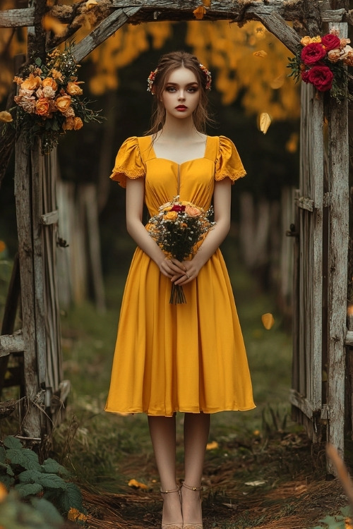 A woman wears a yellow wedding guest dress with short sleeves and matching heels