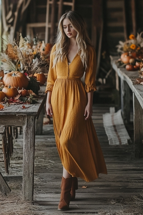 A woman wears a yellow wedding guest dress with suede boots