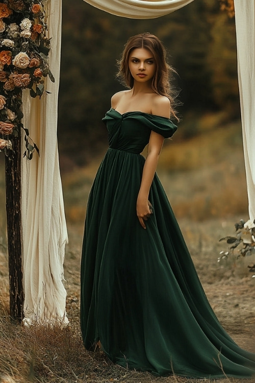 A woman wears an emerald green off-shoulder wedding guest dress with a flowing skirt