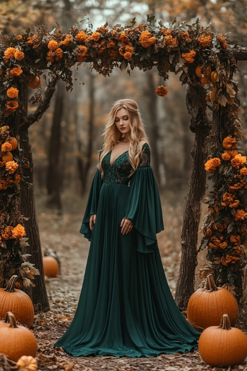 A woman wears an emerald green wedding guest dress with flowy sleeves and lace detailing