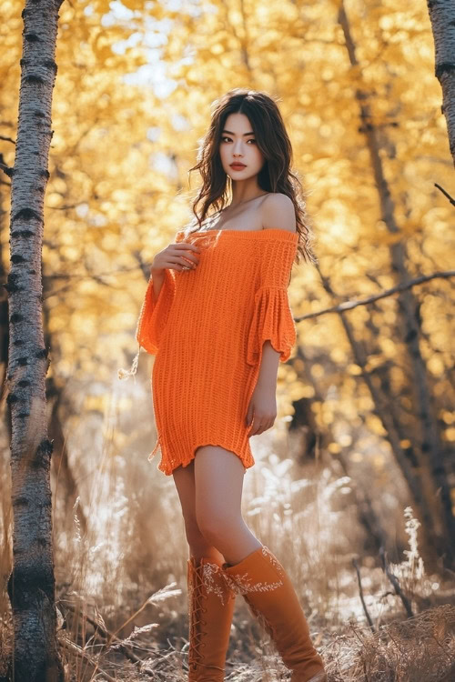 A woman wears an off shoulder orange wedding guest dress with matching boots