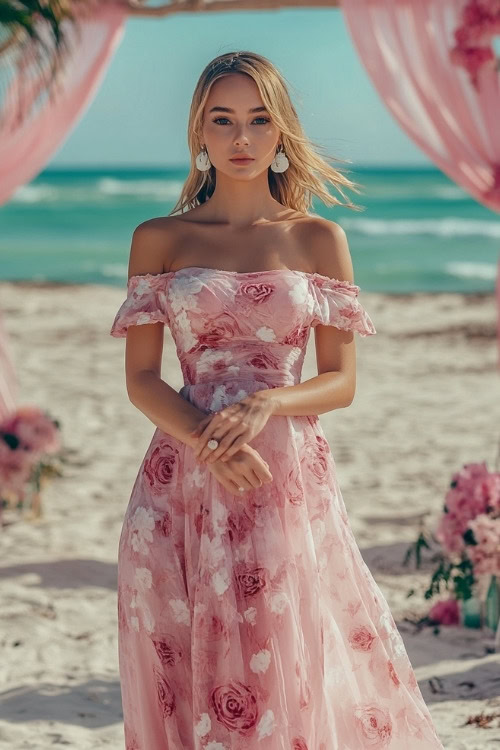 A woman wears an off shoulder pink floral wedding guest dress with rose print