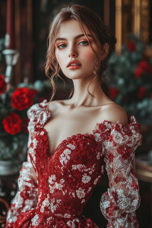 A woman wears an off shoulder red floral wedding guest dress with lace sleeves and a sweetheart neckline