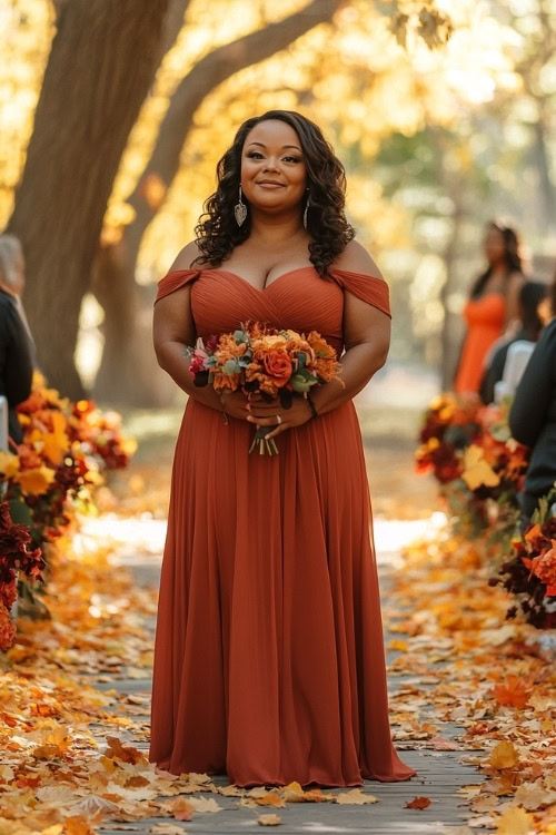 A woman wears an off-shoulder rust orange wedding guest dress with a sweetheart neckline