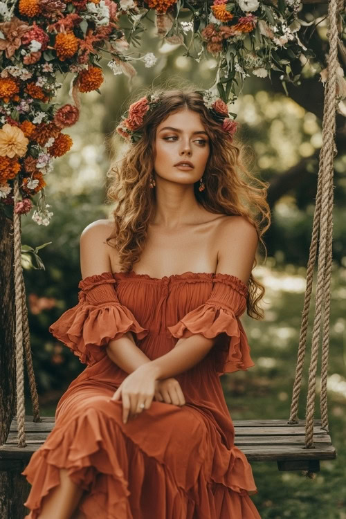 A woman wears an off shoulder rust wedding guest dress with floral hairpiece