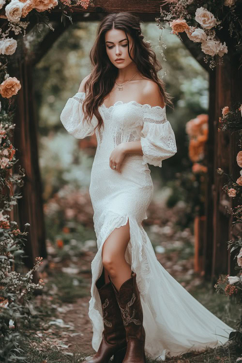 A woman wears an off shoulder white dress with brown cowboy boots