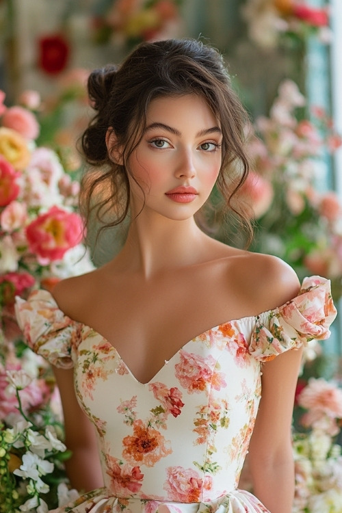 A woman wears an off shoulder white floral wedding guest dress with short sleeves