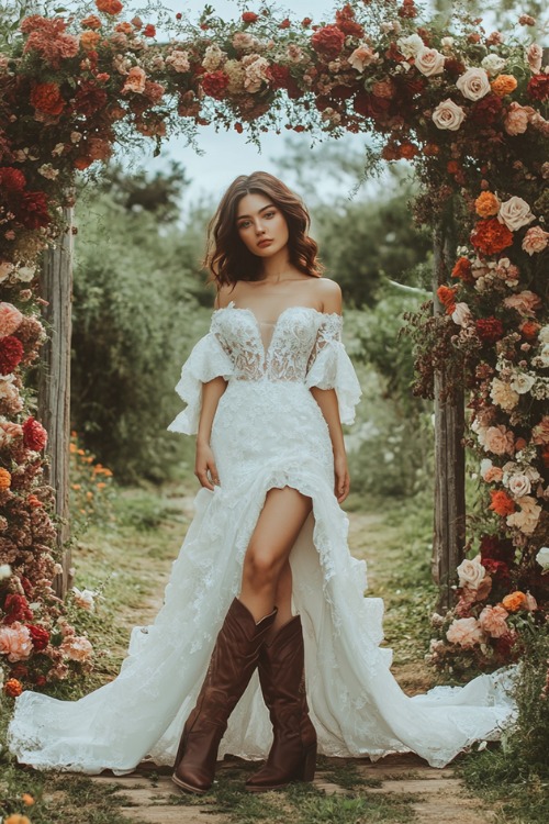 A woman wears an off-the-shoulder lace wedding dress with brown cowboy boots