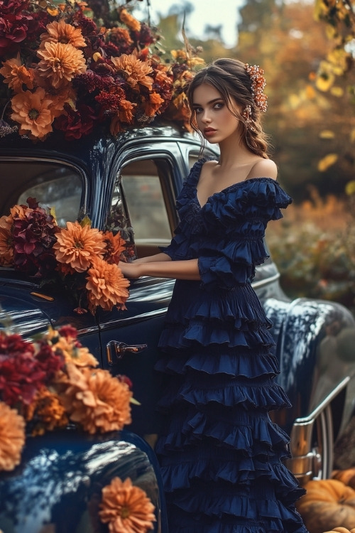 A woman wears an off-the-shoulder navy wedding guest dress with tiered ruffles