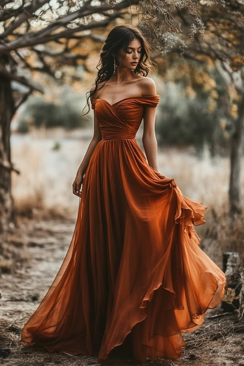 A woman wears an off-the-shoulder orange wedding guest dress with a flowing skirt