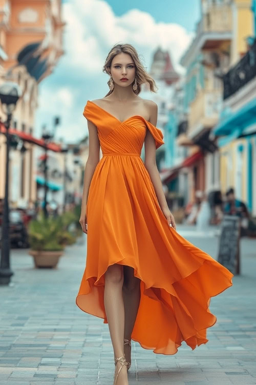 A woman wears an off-the-shoulder orange wedding guest dress with a high-low skirt and golden heels