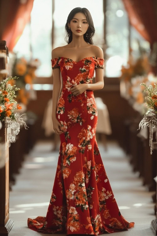 A woman wears an off the shoulder red floral wedding guest dress