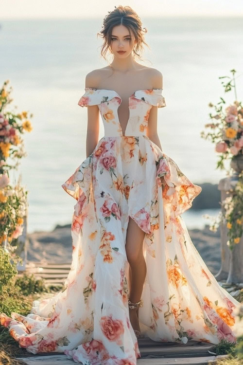 A woman wears an off the shoulder white floral wedding guest dress with heels