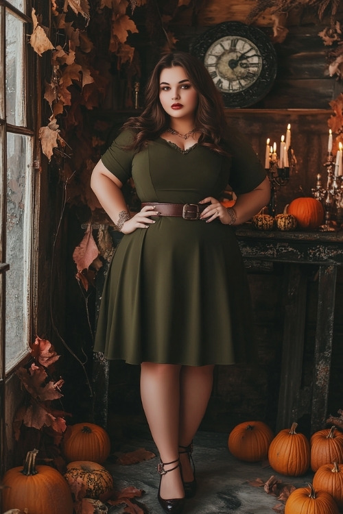 A woman wears an olive green knee-length wedding guest dress with short sleeves and a belt