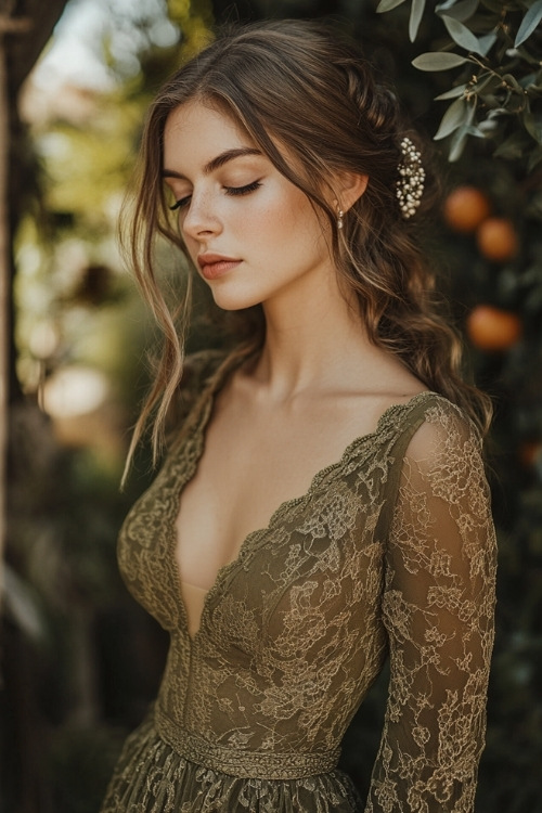 A woman wears an olive green lace wedding guest dress with long sleeves and a deep neckline