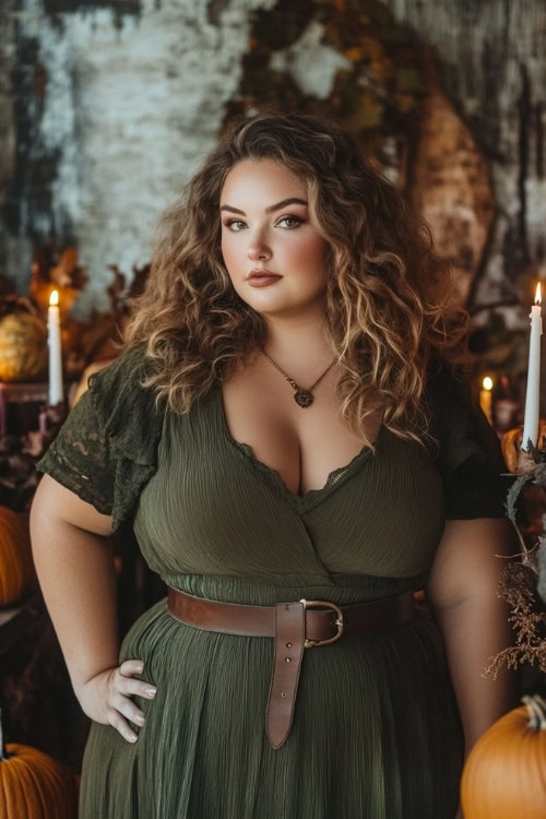 A woman wears an olive green wedding guest dress with lace sleeves and a wide belt