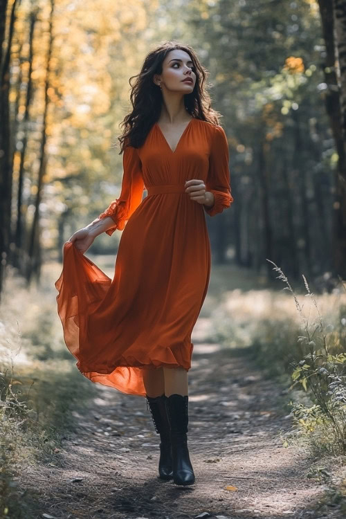 A woman wears an orange V neck wedding guest dress with black boots