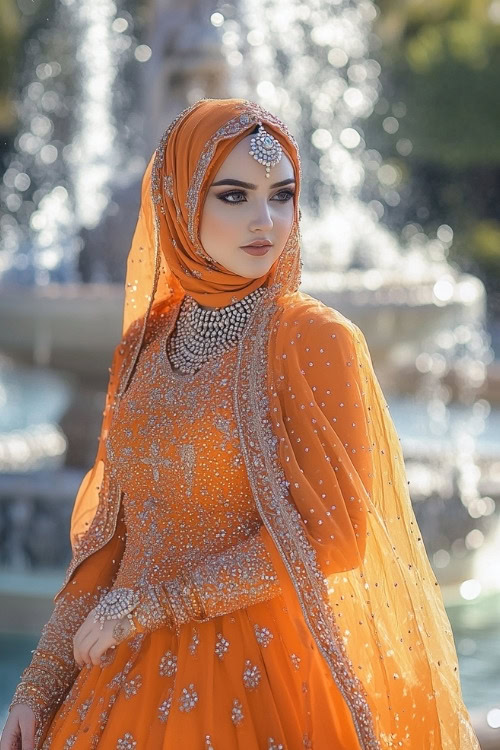 A woman wears an orange embellished wedding guest dress with a jeweled hijab