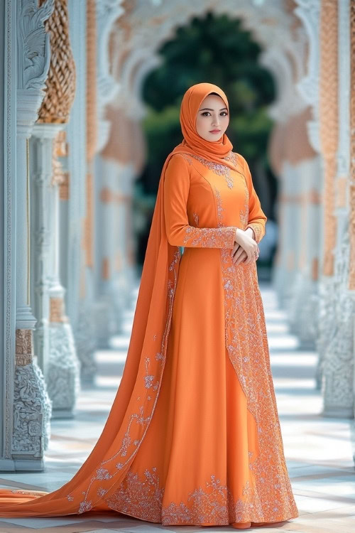 A woman wears an orange embellished wedding guest dress with a matching hijab (2)