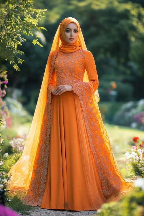 A woman wears an orange embellished wedding guest dress with a matching hijab