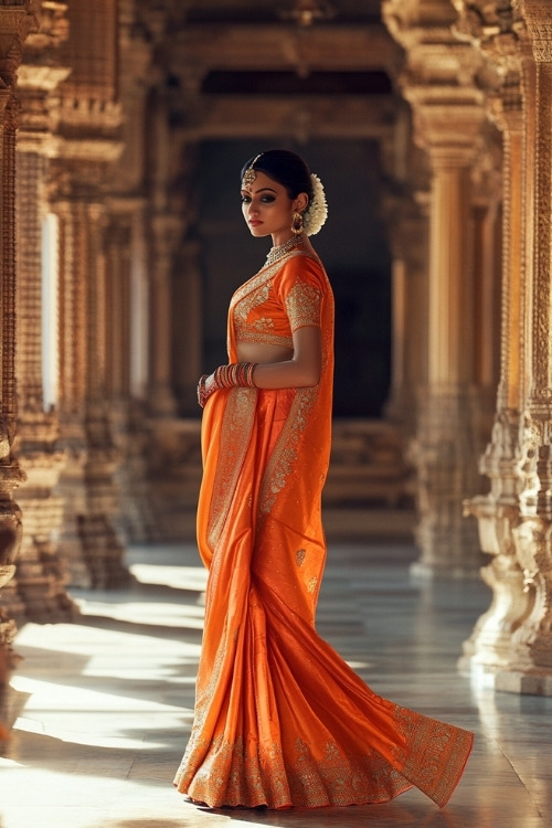 A woman wears an orange embroidered saree as a wedding guest dress