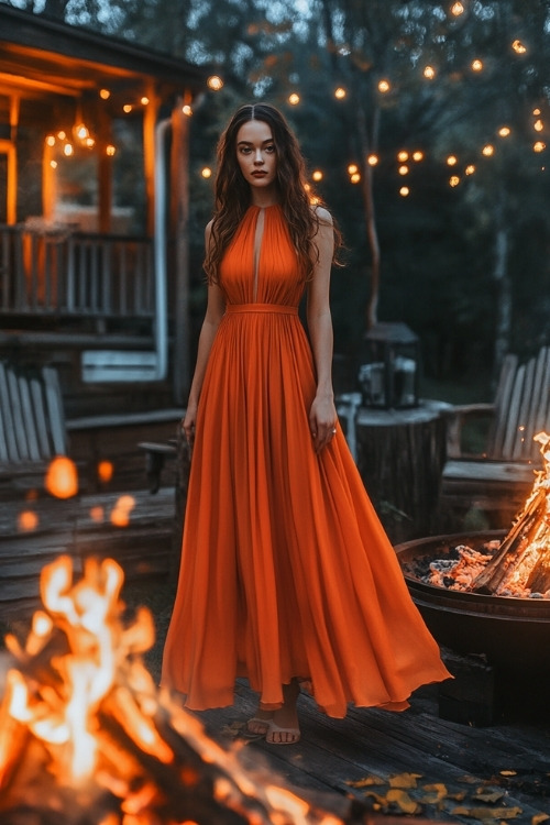 A woman wears an orange halter neck wedding guest dress with a flowing skirt