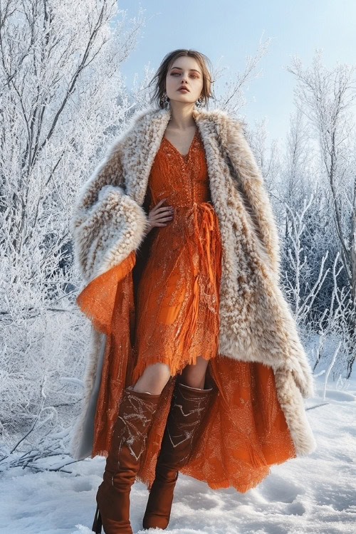 A woman wears an orange high low wedding guest dress with a fur coat and brown boots