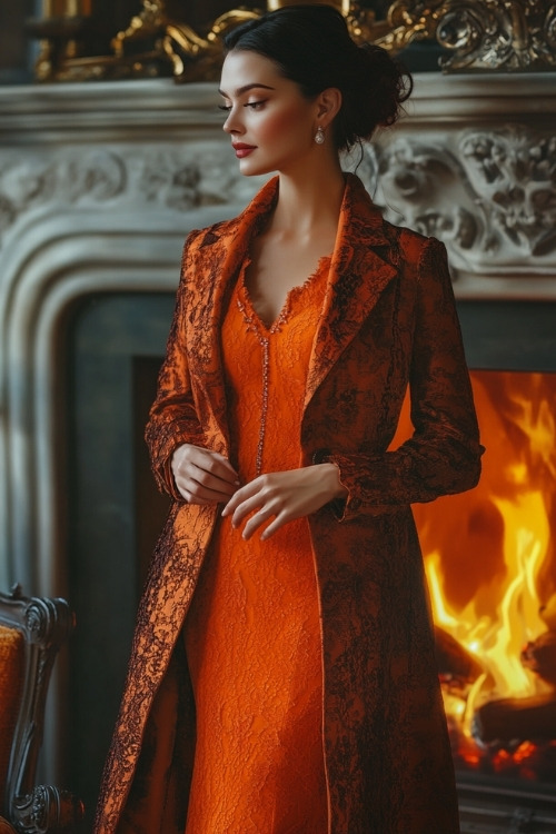 A woman wears an orange lace wedding guest dress with a matching brocade coat