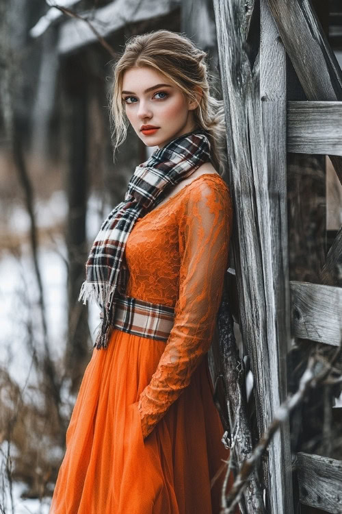 A woman wears an orange lace wedding guest dress with a plaid scarf