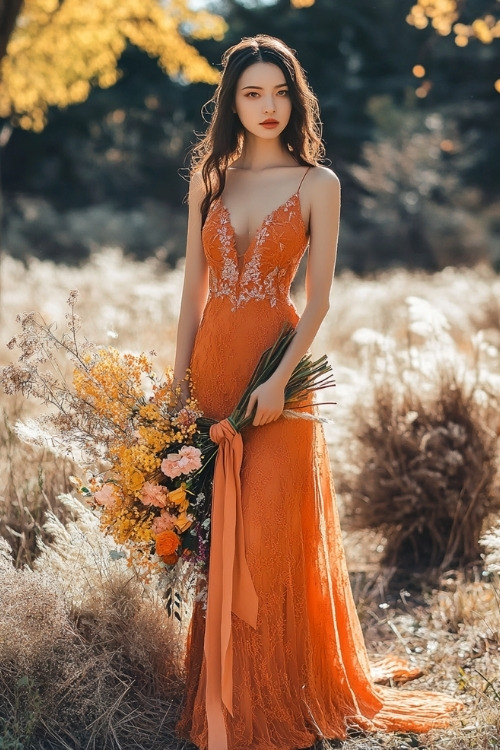 A woman wears an orange lace wedding guest dress with spaghetti straps