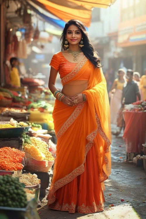 A woman wears an orange lehenga as a wedding guest dress with a matching dupatta (2)