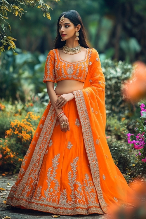 A woman wears an orange lehenga with silver embroidery and a matching dupatta