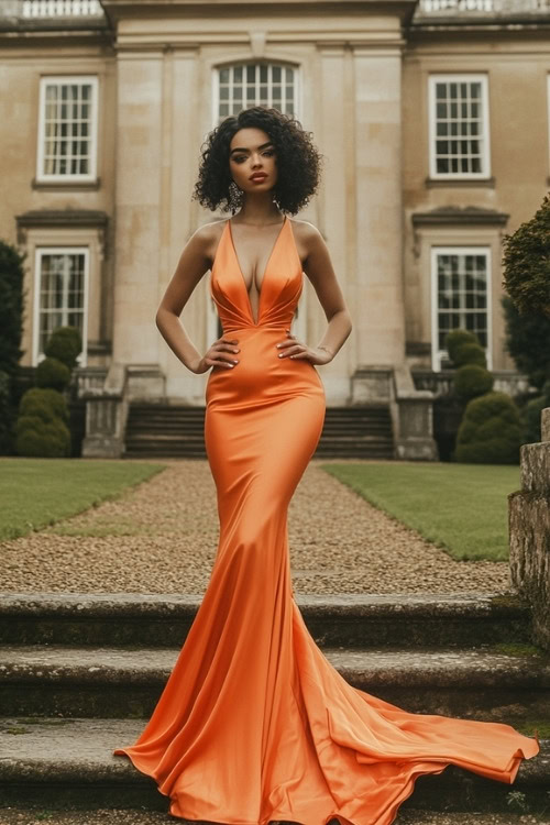 A woman wears an orange mermaid wedding guest dress with a deep neckline