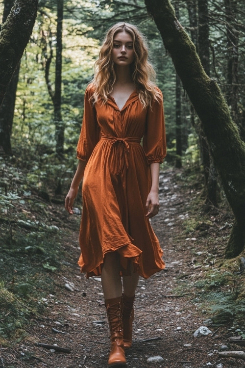 A woman wears an orange midi wedding guest dress with a tie waist and boots