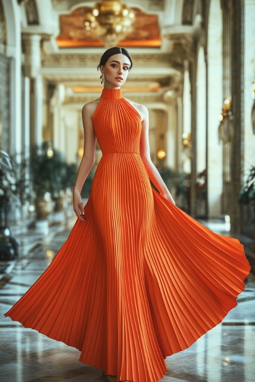 A woman wears an orange pleated halter-neck wedding guest dress with a fitted silhouette