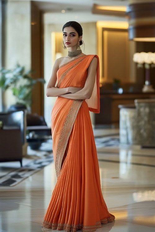 A woman wears an orange pleated sari as wedding guest dress