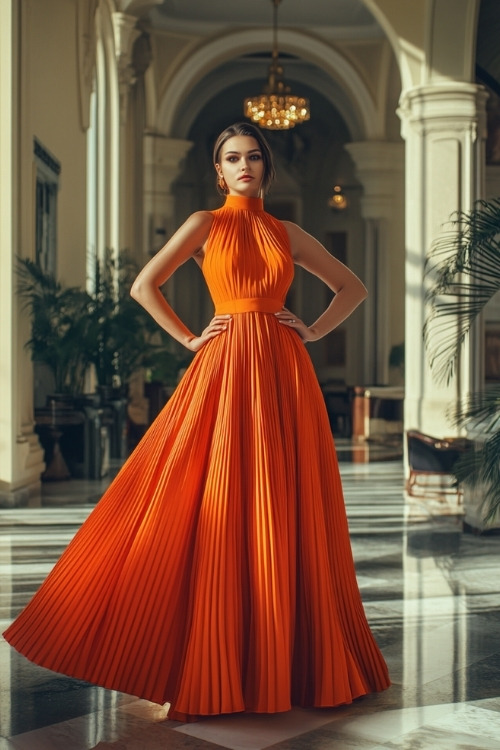 A woman wears an orange pleated wedding guest dress with a halter neck and cinched waist