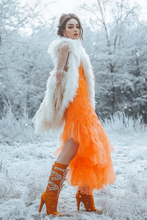 A woman wears an orange ruffled wedding guest dress with a faux fur vest and knee-high boots