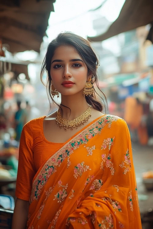 A woman wears an orange sari with floral embroidery and gold jewelry