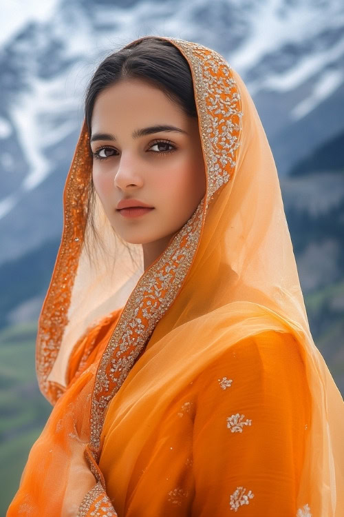 A woman wears an orange sari with silver embroidery as a wedding guest dress