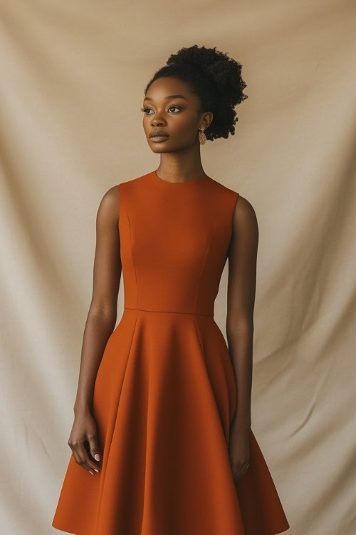 A woman wears an orange sleeveless wedding guest dress with a fitted bodice and flowing skirt