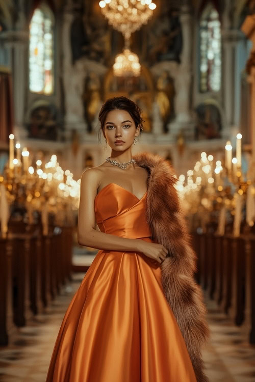 A woman wears an orange stain wedding guest dress with fur stole