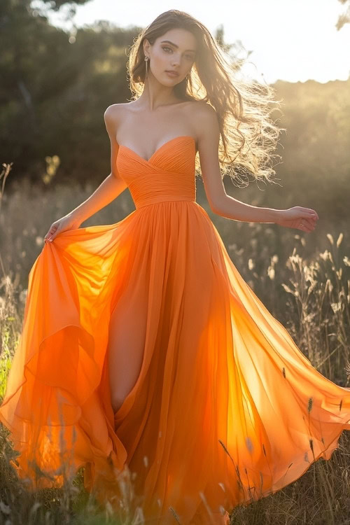 A woman wears an orange strapless wedding guest dress with a flowing skirt