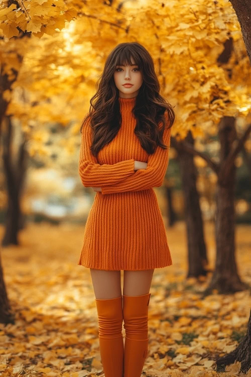 A woman wears an orange sweater dress as wedding guest dress