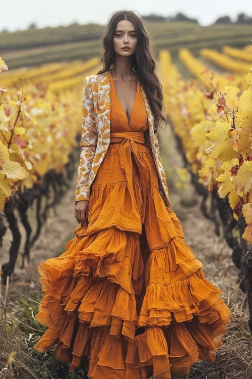 A woman wears an orange tiered ruffle wedding guest dress with a floral blazer